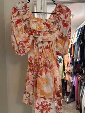 Abercrombie & Fitch Floral Puff-Sleeve Mini Dress in Pink, Yellow & Brown
